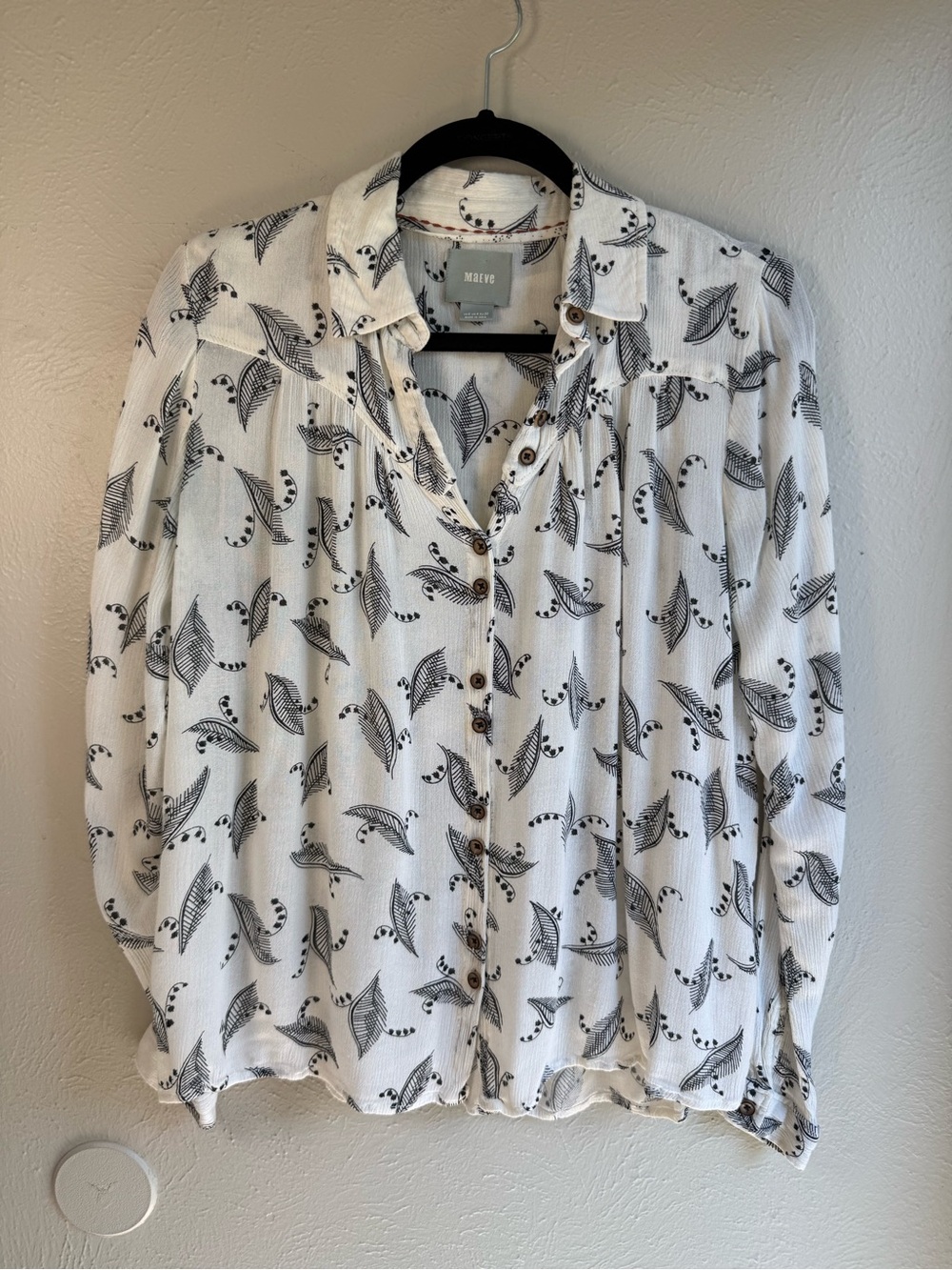 Maeve White Button-Down Shirt with Black Leaf Pattern